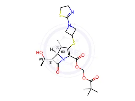 Chemical structure of (pivaloyloxy)methyl (4S,5S,6S)-3-((1-(4,5-dihydrothiazol-2-yl)azetidin-3-yl)thio)-6-((R)-1-hydroxyethyl)-4-methyl-7-oxo-1-azabicyclo[3.2.0]hept-2-ene-2-carboxylate