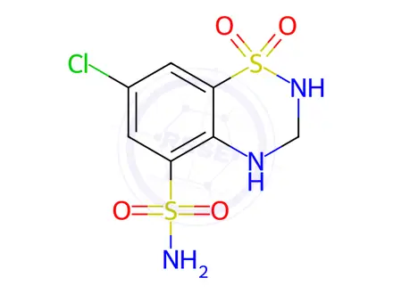 Chemical structure of 7-Chloro-3,4-dihydro-2H-benzo[e][1,2,4]thiadiazine-5-sulfonamide 1,1-dioxide