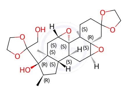 Chemical structure of (4aS,4bS,5aS,6aS,7R,8R,9aS,9bS,10aS,11aR)-7-(2-(hydroxymethyl)-1,3-dioxolan-2-yl)-4a,6a,8-trimethyldodecahydro-1H,3H-spiro[cyclopenta[1,2]phenanthro[4,4a-b:8a,9-b']bis(oxirene)-2,2'-[1,3]dioxolan]-7-ol