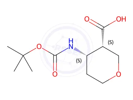 Chemical structure of (3S,4S)-4-((tert-butoxycarbonyl)amino)tetrahydro-2H-pyran-3-carboxylic acid