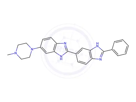 Chemical structure of 6-(4-Methylpiperazin-1-yl)-2'-phenyl-1H,3'H-2,5'-bibenzo[d]imidazole