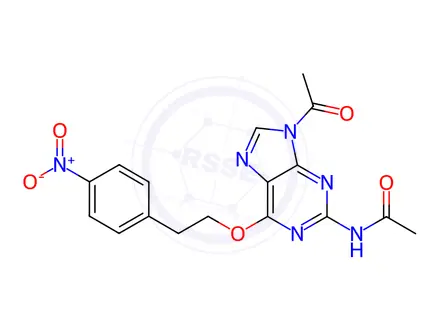 Chemical structure of N-(9-Acetyl-6-(4-nitrophenethoxy)-9H-purin-2-yl)acetamide