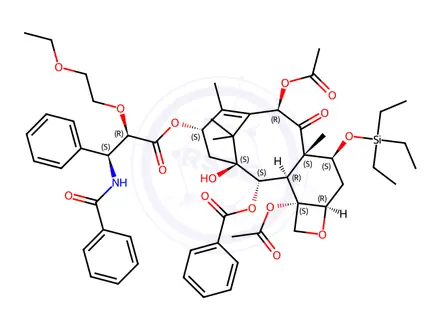 Chemical structure of (2'R,3'S)-2'-ethoxyethyl-7-triethylsilyl taxol; (2aR,4S,4aS,6R,9S,11S,12S,12aR,12bS)-9-(((2R,3S)-3-benzamido-2-(2-ethoxyethoxy)-3-phenylpropanoyl)oxy)-12-(benzoyloxy)-11-hydroxy-4a,8,13,13-tetramethyl-5-oxo-4-((triethylsilyl)oxy)-3,4,4a,5,6,9,10,11,12,12a-decahydro-1H-7,11-methanocyclodeca[3,4]benzo[1,2-b]oxete-6,12b(2aH)-diyl diacetate