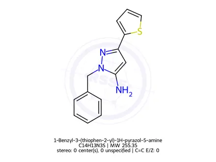 Chemical structure of 1-Benzyl-3-(thiophen-2-yl)-1H-pyrazol-5-amine