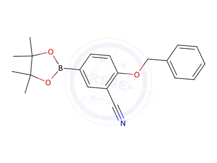 Chemical structure of 2-(Benzyloxy)-5-(4,4,5,5-tetramethyl-1,3,2-dioxaborolan-2-yl)benzonitrile