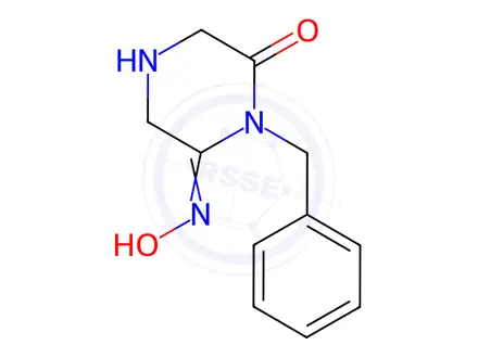 Chemical structure of 4-(Phenylmethyl)-3-(hydroxyimino)piperazin-5-one
