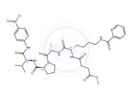 Chemical structure of MeOSuc-Lys(2-picolinoyl)-Ala-Pro-Val-pNA (L-1350.0025)