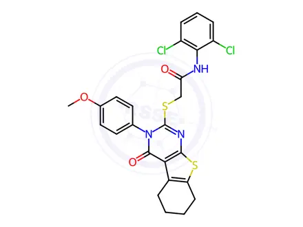 Chemical structure of N-(2,6-Dichlorophenyl)-2-((3-(4-methoxyphenyl)-4-oxo-3,4,5,6,7,8-hexahydrobenzo[4,5]thieno[2,3-d]pyrimidin-2-yl)thio)acetamide