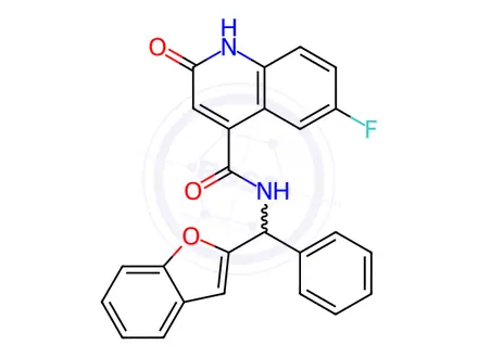 Chemical structure of N-[(1-benzofuran-2-yl)(phenyl)methyl]-6-fluoro-2-o xo-1,2-dihydroquinoline-4-carboxamide