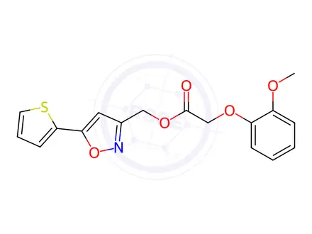 Chemical structure of (5-(Thiophen-2-yl)isoxazol-3-yl)methyl 2-(2-methoxyphenoxy)acetate