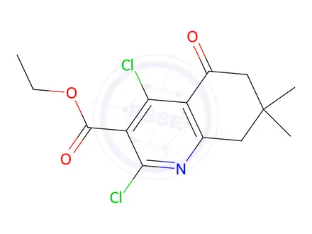 Chemical structure of Ethyl 2,4-dichloro-7,7-dimethyl-5-oxo-5,6,7,8-tetrahydroquinoline-3-carboxylate