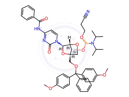 Chemical structure of Cytidine, N-benzoyl-5'-O-[bis(4-methoxyphenyl)phenylmethyl]-2'-O,4'-C-methylene-, 3'-[2-cyanoethyl bis(1-methylethyl)phosphoramidite] (9CI)