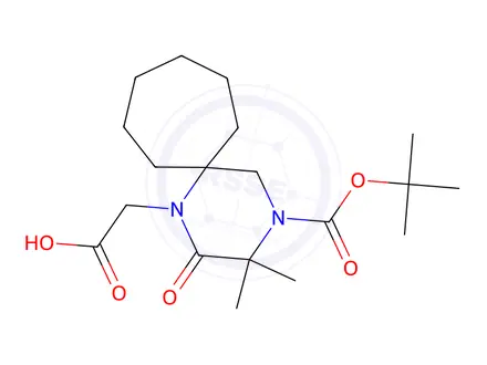 Chemical structure of 2-(4-(Tert-butoxycarbonyl)-3,3-dimethyl-2-oxo-1,4-diazaspiro[5.6]dodecan-1-yl)acetic acid