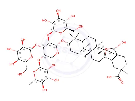 Chemical structure of 3-O-(rhamnopyranosyl-1-4-glucopyranosyl-1-2-(glucopyranosyl-1-4)-arabinopyranoside)-16-hydroxy-13,28-epoxyolean-29-oic acid