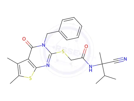 Chemical structure of 2-((3-Benzyl-5,6-dimethyl-4-oxo-3,4-dihydrothieno[2,3-d]pyrimidin-2-yl)thio)-N-(2-cyano-3-methylbutan-2-yl)acetamide