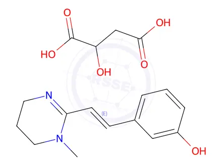 Chemical structure of malic acid, compound with (E)-3-[2-(1,4,5,6-tetrahydro-1-methylpyrimidin-2-yl)vinyl]phenol (1:1)