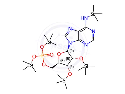 Chemical structure of N-(Trimethylsilyl)-2'-O,3'-O-bis(trimethylsilyl)adenosine 5'-[phosphoric acid bis(trimethylsilyl)] ester