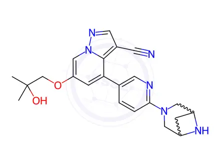 Chemical structure of 4-(6-(3,6-Diazabicyclo[3.1.1]heptan-3-yl)pyridin-3-yl)-6-(2-hydroxy-2-methylpropoxy)pyrazolo[1,5-a]pyridine-3-carbonitrile dihydrochloride