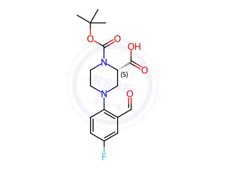 Chemical structure of (S)-4-(4-Fluoro-2-formylphenyl)-1-(tert-butoxy-carbonyl)piperazine-2-carboxylic acid