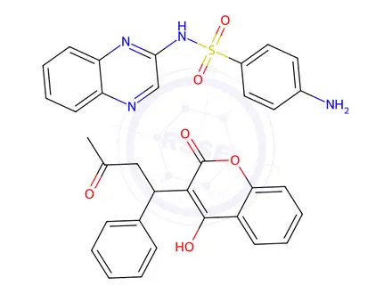 Chemical structure of 4-Amino-N-(quinoxalin-2-yl)benzenesulfonamide mixt. with 4-hydroxy-3-(3-oxo-1-phenylbutyl)-2H-chromen-2-one