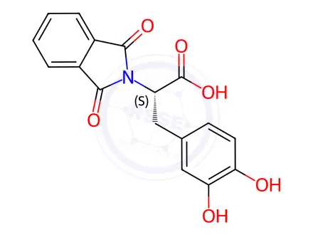 Chemical structure of (2S)-3-(3,4-dihydroxyphenyl)-2-(1,3-dioxoisoindol-2-yl)propanoic acid