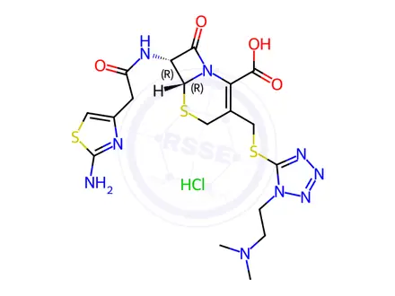 Chemical structure of 5-Thia-1-azabicyclo[4.2.0]oct-2-ene-2-carboxylic acid, 7-[[2-(2-amino-4-thiazolyl)acetyl]amino]-3-[[[1-[2-(dimethylamino)ethyl]-1H-tetrazol-5-yl]thio]methyl]-8-oxo-, hydrochloride (1:1), (6R,7R)-