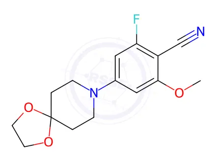 Chemical structure of Benzonitrile, 4-(1,4-dioxa-8-azaspiro[4.5]dec-8-yl)-2-fluoro-6-methoxy-