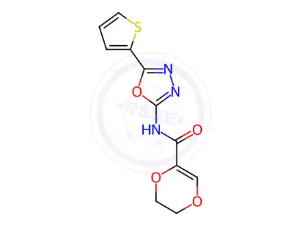 Chemical structure of N-(5-(Thiophen-2-yl)-1,3,4-oxadiazol-2-yl)-5,6-dihydro-1,4-dioxine-2-carboxamide