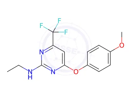 Chemical structure of N-ethyl-4-(4-methoxyphenoxy)-6-(trifluoromethyl)pyrimidin-2-amine