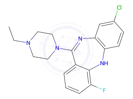 Chemical structure of 5H-Dibenzo[b,e][1,4]diazepine, 8-chloro-11-(4-ethyl-1-piperazinyl)-4-fluoro-
