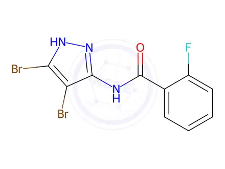 Chemical structure of N-(3,4-dibromo-1H-pyrazol-5-yl)-2-fluorobenzamide
