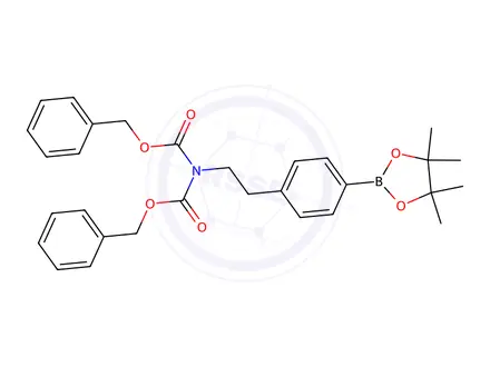 Chemical structure of Imidodicarbonic acid, 2-[2-[4-(4,4,5,5-tetramethyl-1,3,2-dioxaborolan-2-yl)phenyl]ethyl]-, 1,3-bis(phenylmethyl) ester