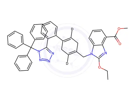 Chemical structure of 2-Ethoxy-1-[[2'-[2-(trityl)-2H-tetrazol-5-yl][1,1'-biphenyl]-4-yl]methyl]-1H-benzimidazole-4-carboxylic Acid Methyl Ester-d4 (Candesartan Impurity)