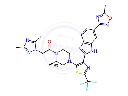 Chemical structure of Ethanone, 2-(3,5-dimethyl-1H-1,2,4-triazol-1-yl)-1-[(2R)-2-methyl-4-[4-[6-(5-methyl-1,2,4-oxadiazol-3-yl)-1H-benzimidazol-2-yl]-2-(trifluoromethyl)-5-thiazolyl]-1-piperazinyl]-