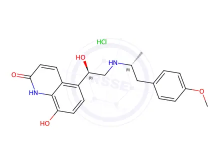 Chemical structure of 8-hydroxy-5-[(1R)-1-hydroxy-2-{[(2R)-1-(4-methoxyphenyl)propan-2-yl]amino}ethyl]quinolin-2(1H)-one hydrochloride