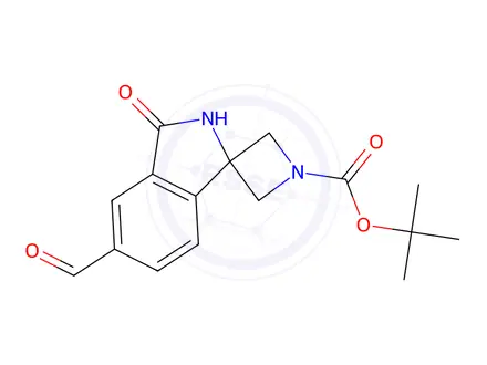 Chemical structure of tert-Butyl 5'-formyl-3'-oxospiro[azetidine-3,1'-isoindoline]-1-carboxylate