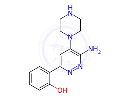 Chemical structure of 2-(6-amino-5-(piperazin-1-yl)pyridazin-3-yl)phenol hydrochloride