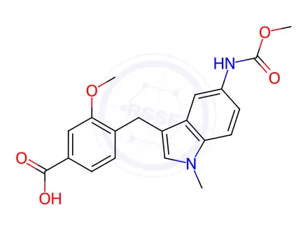 Chemical structure of 3-Methoxy-4-[[5-[(methoxycarbonyl)amino]-1-methyl-1H-indol-3-yl]methyl]benzoic Acid