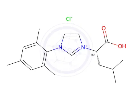Chemical structure of (S)-3-(1-Carboxy-3-methylbutyl)-1-mesityl-1H-imidazol-3-ium chloride