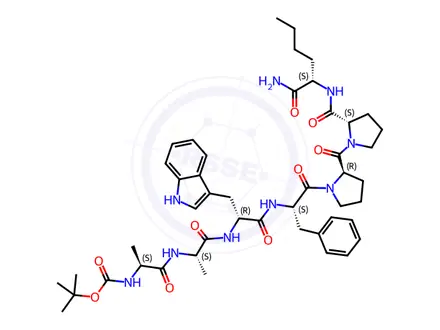 Chemical structure of Boc-ala-ala-D-trp-phe-D-pro-pro-nle-NH2