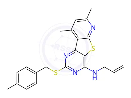 Chemical structure of N-allyl-7,9-dimethyl-2-((4-methylbenzyl)thio)pyrido[3',2':4,5]thieno[3,2-d]pyrimidin-4-amine