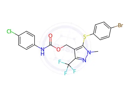 Chemical structure of (5-((4-Bromophenyl)thio)-1-methyl-3-(trifluoromethyl)-1H-pyrazol-4-yl)methyl (4-chlorophenyl)carbamate