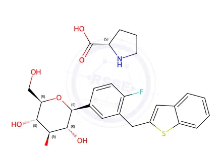 Chemical structure of L-Proline compd. with (1S)-1,5-anhydro-1-C-[3-(benzo[b]thien-2-ylmethyl)-4-fluorophenyl]-D-glucitol (1:1)