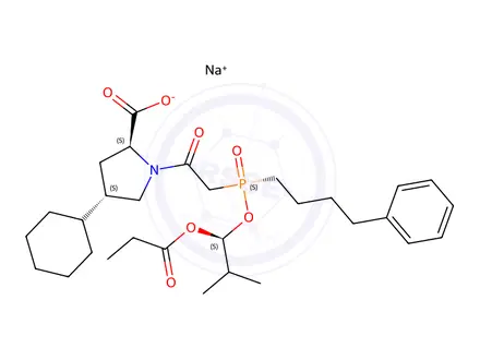 Chemical structure of L-Proline, 4-cyclohexyl-1-[2-[(S)-[(1S)-2-methyl-1-(1-oxopropoxy)propoxy](4-phenylbutyl)phosphinyl]acetyl]-, Sodium salt (1:1), (4S)-