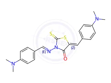 Chemical structure of 5-((Z)-4-(dimethylamino)benzylidene)-3-(((E)-4-(dimethylamino)benzylidene)amino)-2-thioxothiazolidin-4-one