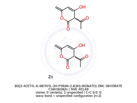 Chemical structure of BIS(3-ACETYL-6-METHYL-2H-PYRAN-2,4(3H)-DIONATO) ZINC DIHYDRATE