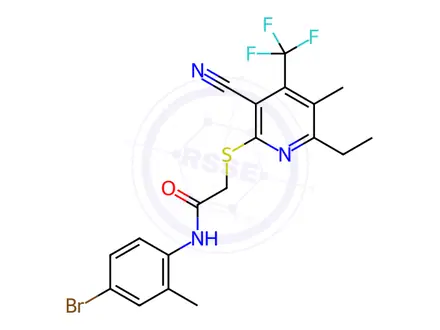 Chemical structure of N-(4-bromo-2-methylphenyl)-2-((3-cyano-6-ethyl-5-methyl-4-(trifluoromethyl)pyridin-2-yl)thio)acetamide