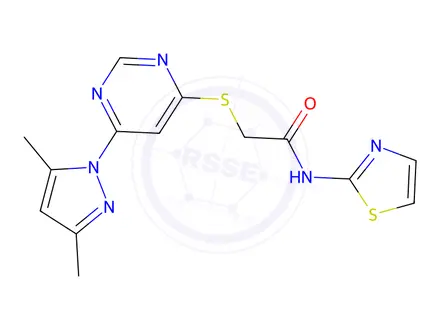 Chemical structure of 2-((6-(3,5-Dimethyl-1H-pyrazol-1-yl)pyrimidin-4-yl)thio)-N-(thiazol-2-yl)acetamide