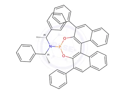 Chemical structure of (11bS)- 2,6-diphenyl-N,N-bis[(1R)-1-phenylethyl]-dinaphtho[2,1-d:1',2'-f][1,3,2]dioxaphosphepin-4-amine