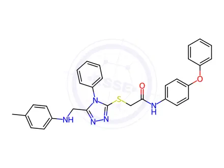Chemical structure of N-(4-phenoxyphenyl)-2-((4-phenyl-5-((p-tolylamino)methyl)-4H-1,2,4-triazol-3-yl)thio)acetamide